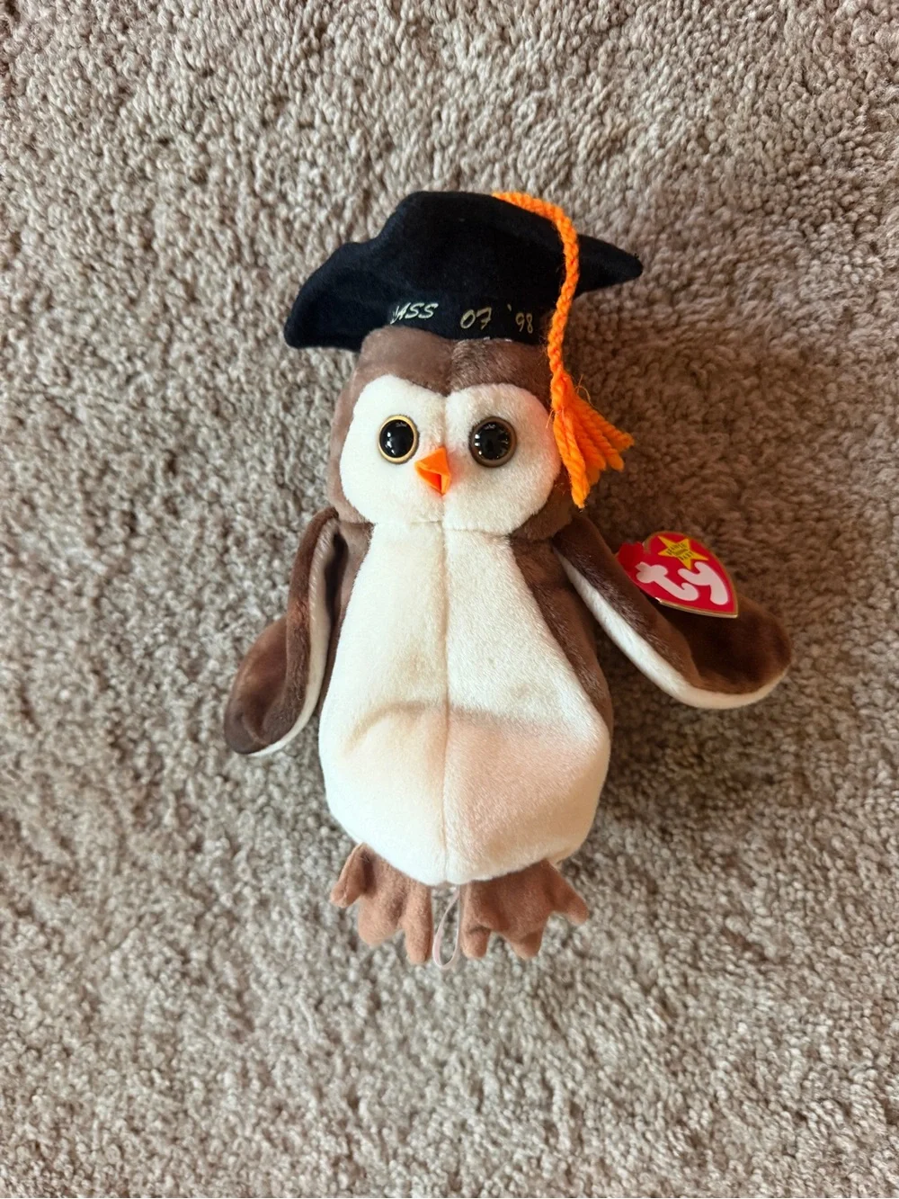 NWT Ty Brown & Cream Plush Beanie Baby Owl with Graduation Cap - Wise 5/31/1997.